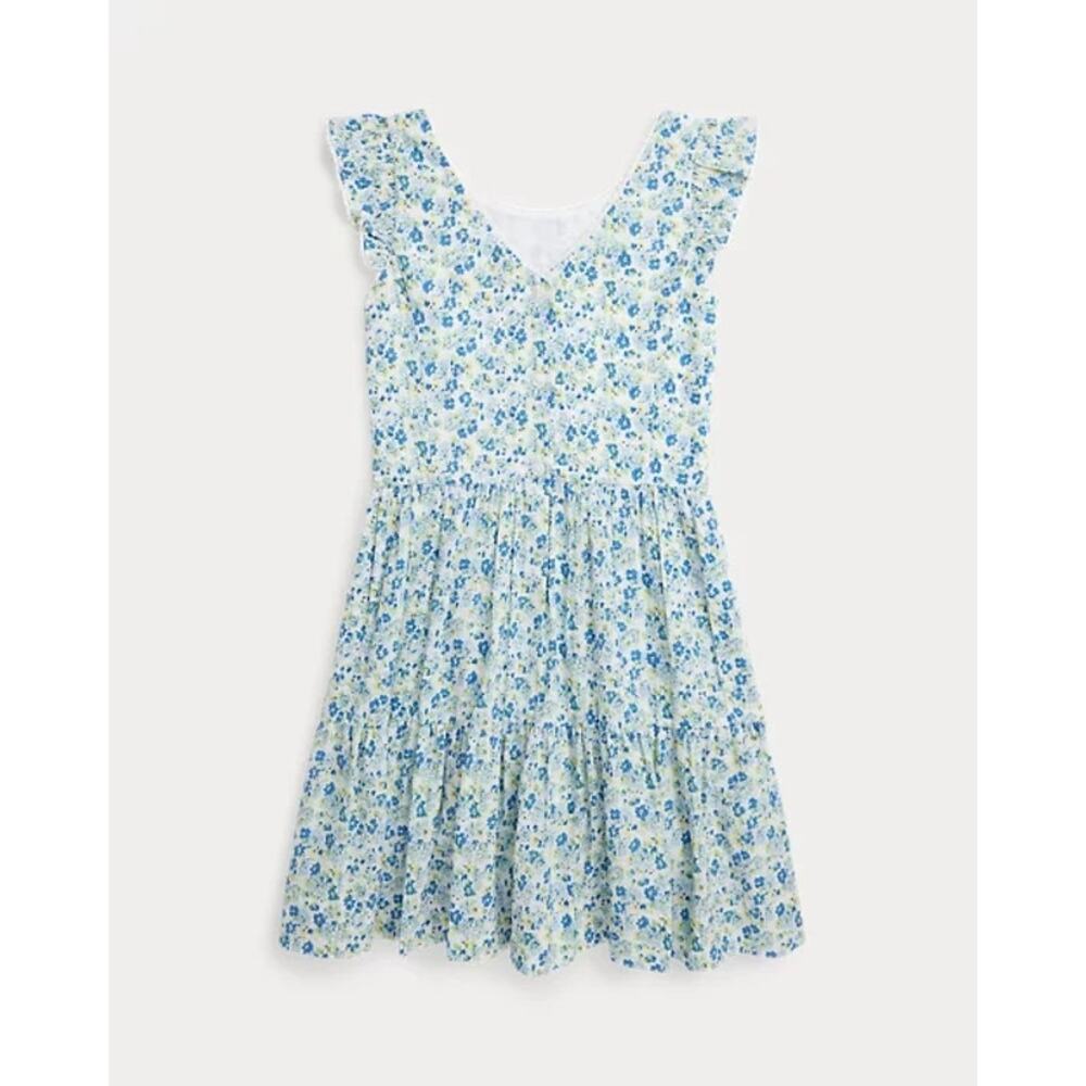 NWT Polo Ralph Lauren Girls Blue Floral Seersucker Tiered Lace Dress 14 Easter